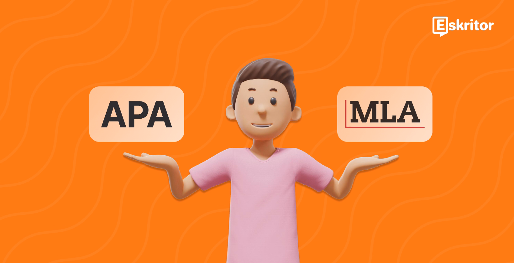 Watak membandingkan format petikan APA dan MLA dengan perbezaan yang ditonjolkan dan logo Eskritor di sudut.