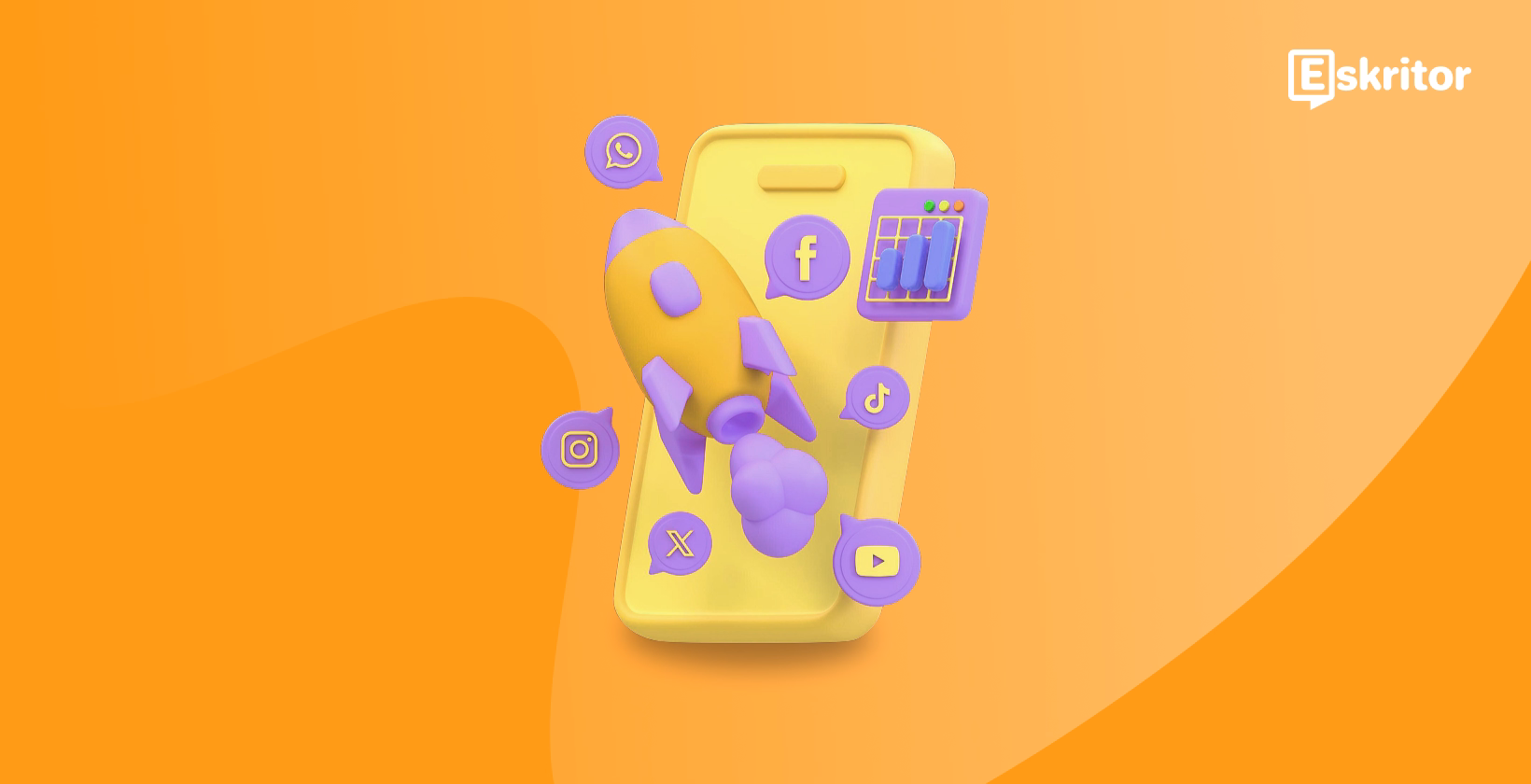 Telefon pintar dengan ikon platform media sosial dan alat perancangan kempen yang menunjukkan pendekatan mesej bersepadu.