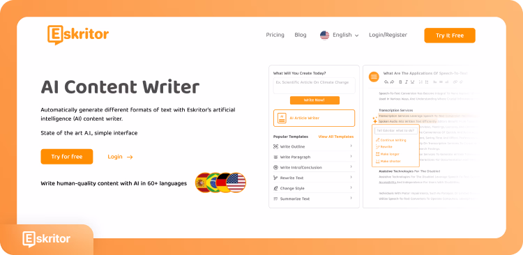 Página principal de la herramienta de escritura Eskritor AI con interfaz de generación de contenido y sugerencias de temas