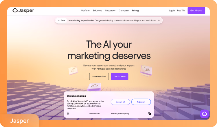 Interfaz de la plataforma de escritura Jasper AI mostrando capacidades de generación de contenido enfocado en marketing