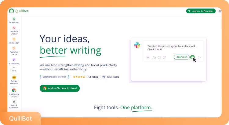 Interfaz del asistente de escritura QuillBot mostrando herramienta de parafraseo con funcionalidad de reformulación y extensión para Chrome