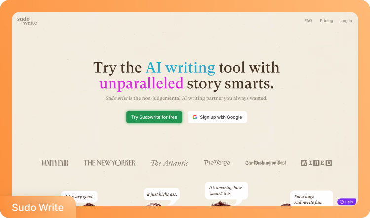 Página principal de la herramienta de escritura Sudowrite AI enfatizando el desarrollo creativo de historias y asistencia narrativa