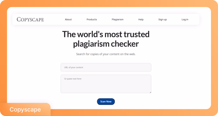 Página principal de Copyscape mostrando la interfaz de detección de plagio con campos de entrada de URL y texto para verificación de escritura de ensayos con IA.