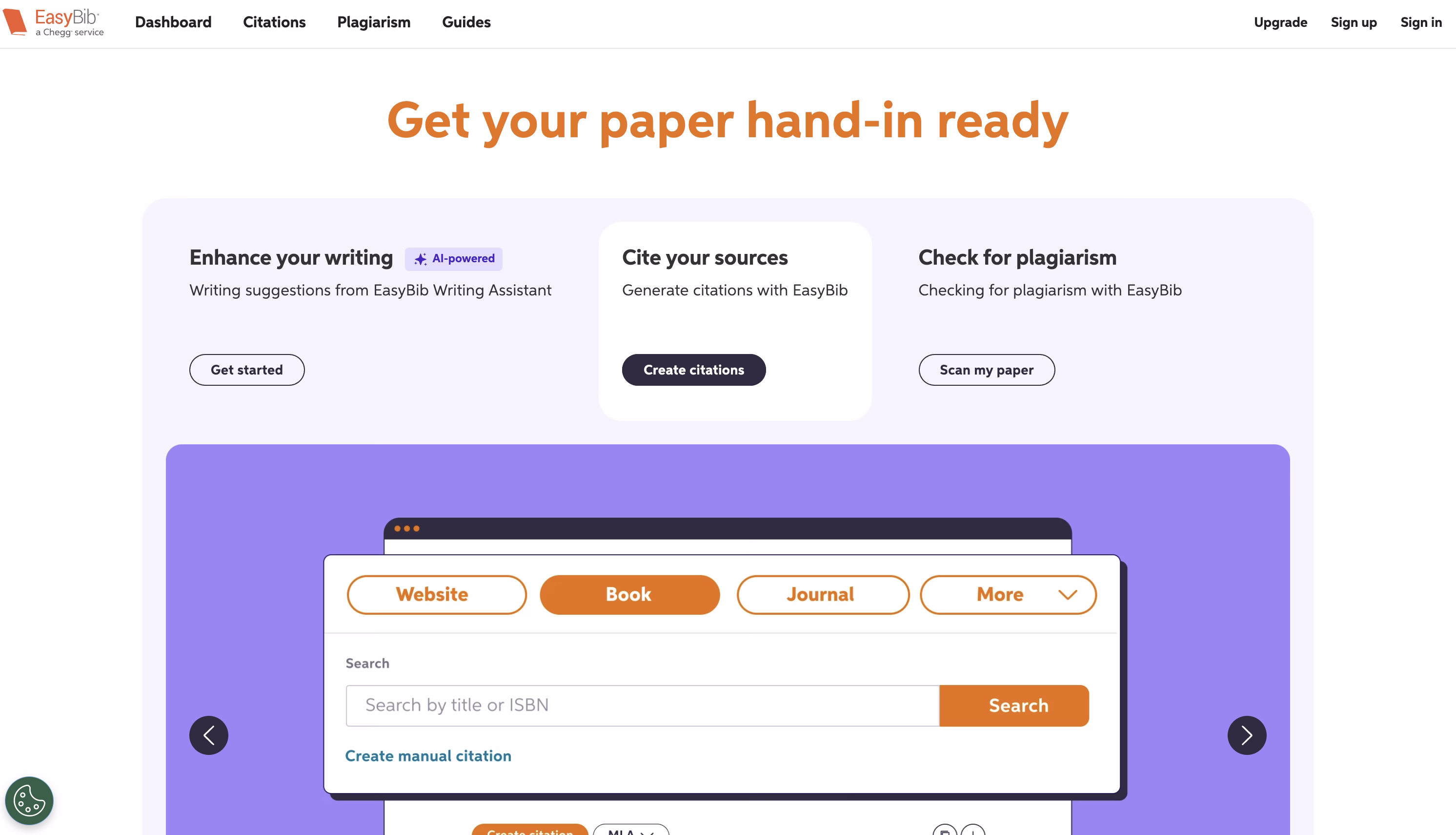Interface do EasyBib exibindo ferramentas de geração de citação com opções de seleção de tipo de fonte