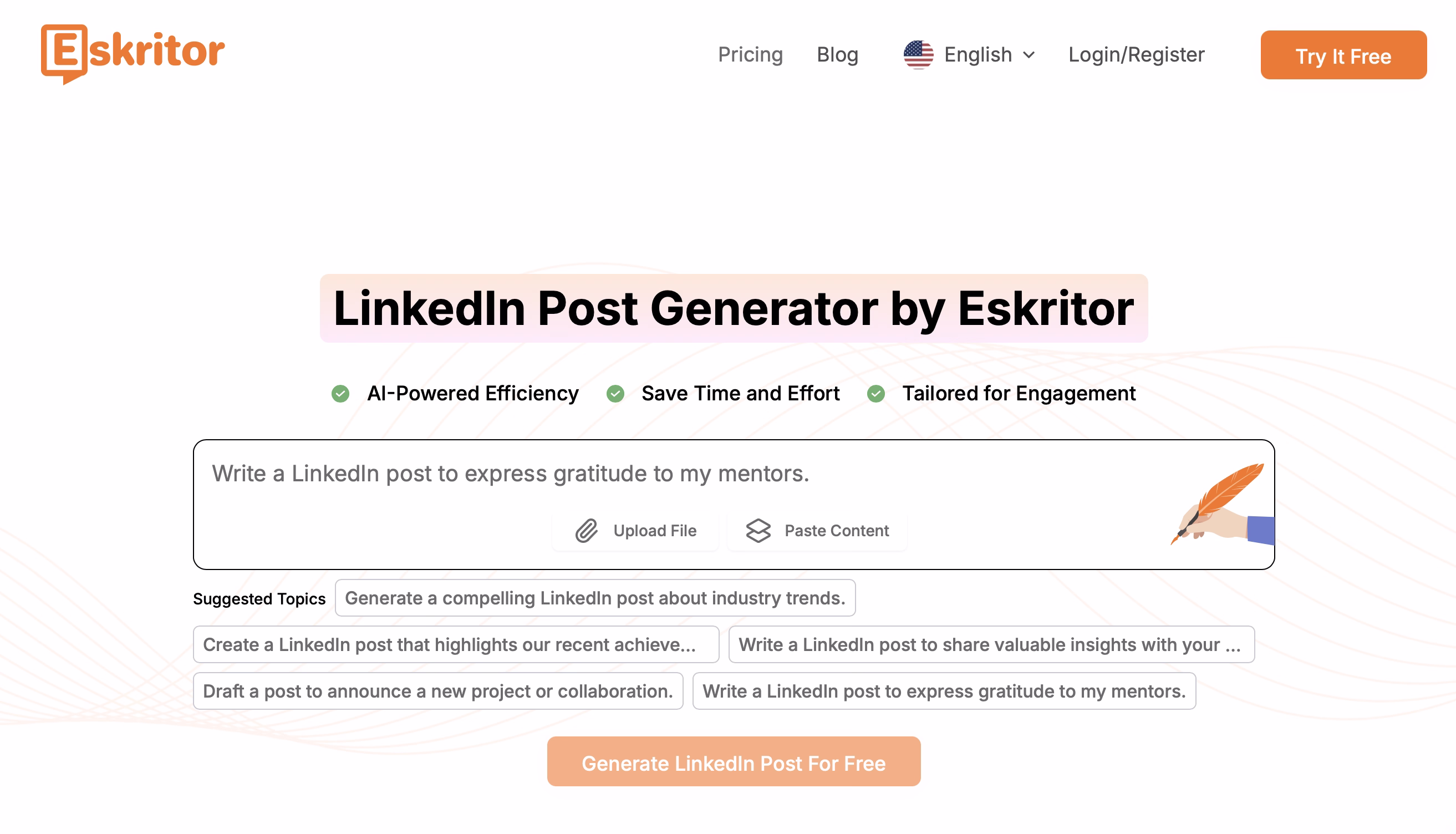 Interfejs Eskritor-ovog alata za generisanje LinkedIn objava sa poljem za unos i opcijama za generisanje