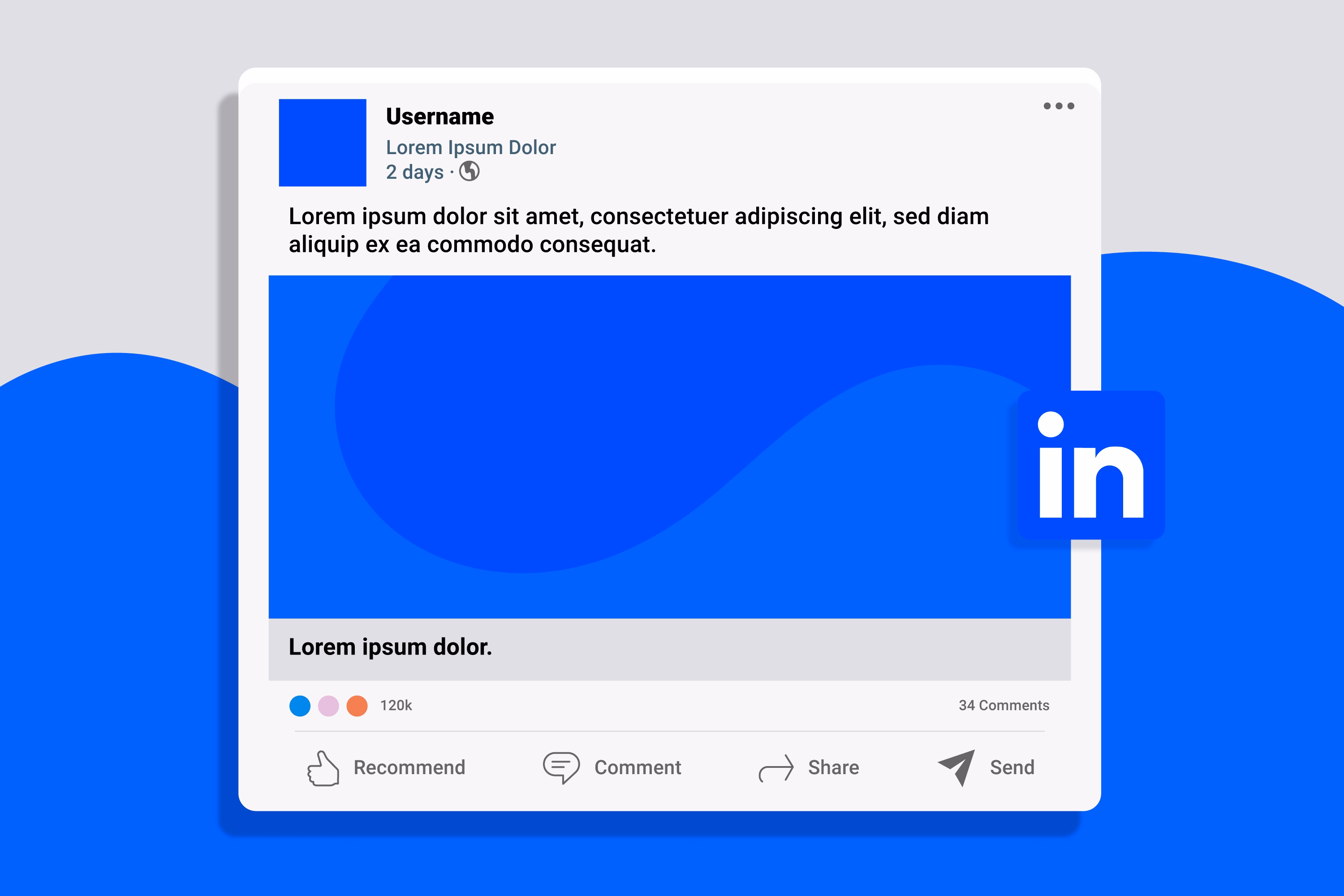 LinkedIn interfejs objave sa informacijama o profilu i opcijama za angažovanje na plavoj pozadini