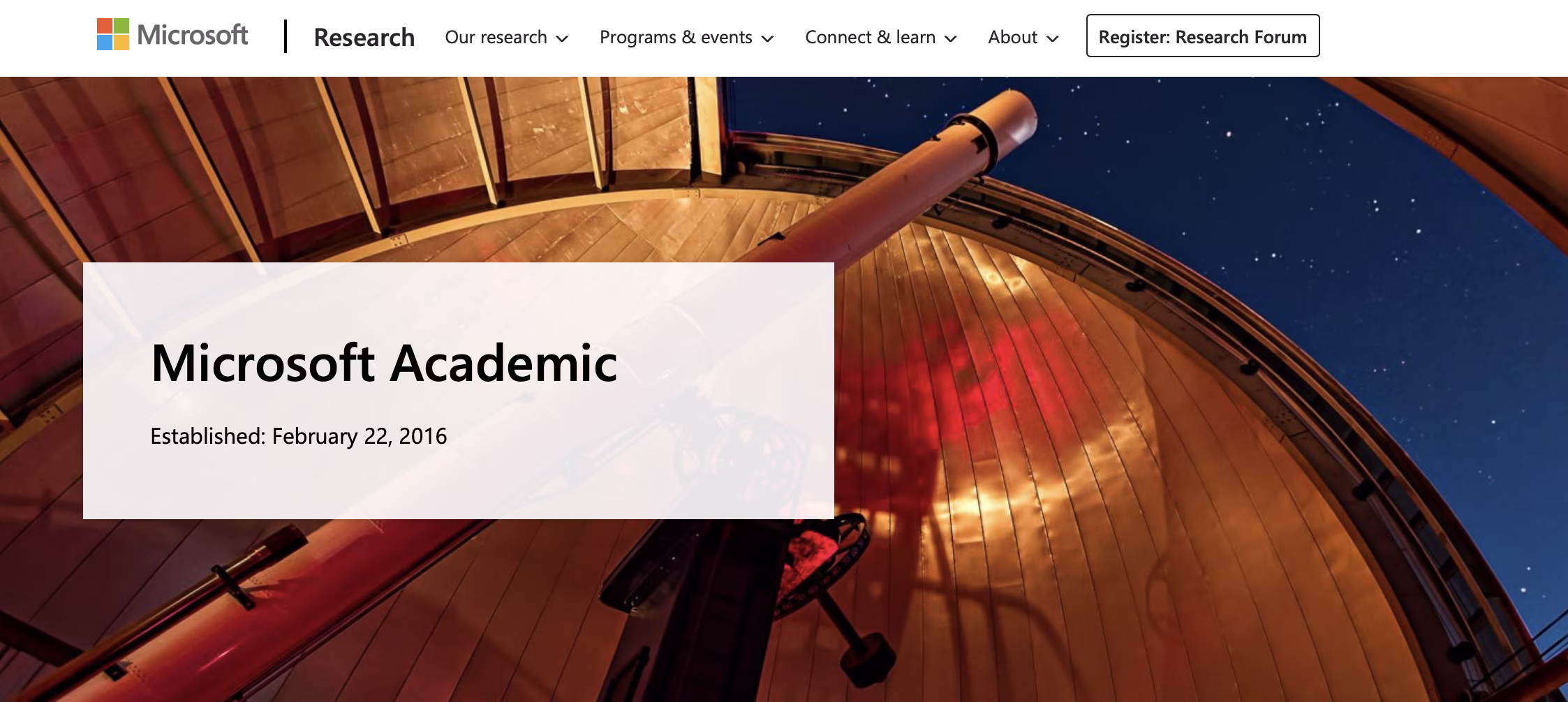 Microsoft Academic研究门户,背景为天文台望远镜