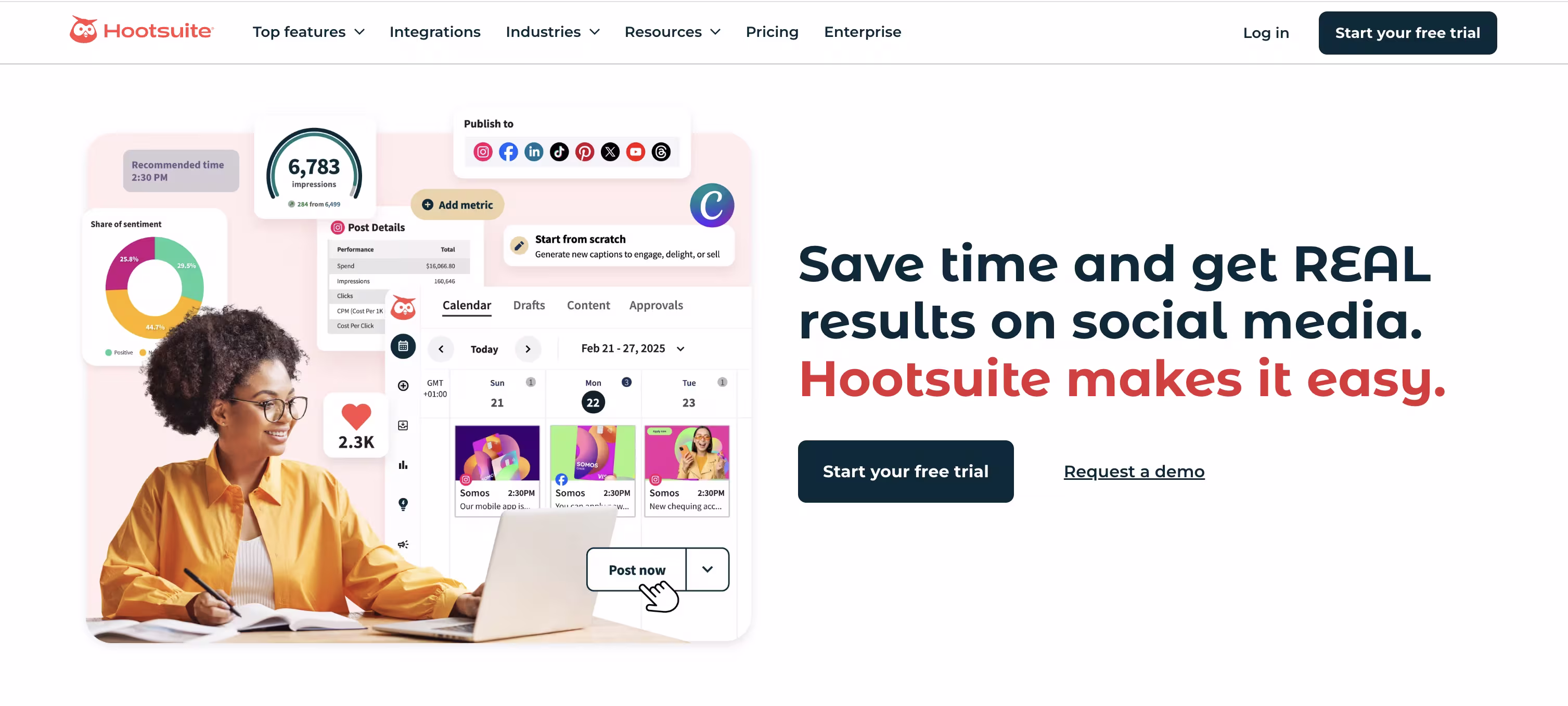Interfaz de la plataforma Hootsuite mostrando calendario de contenido, análisis y opciones de publicación multiplataforma
