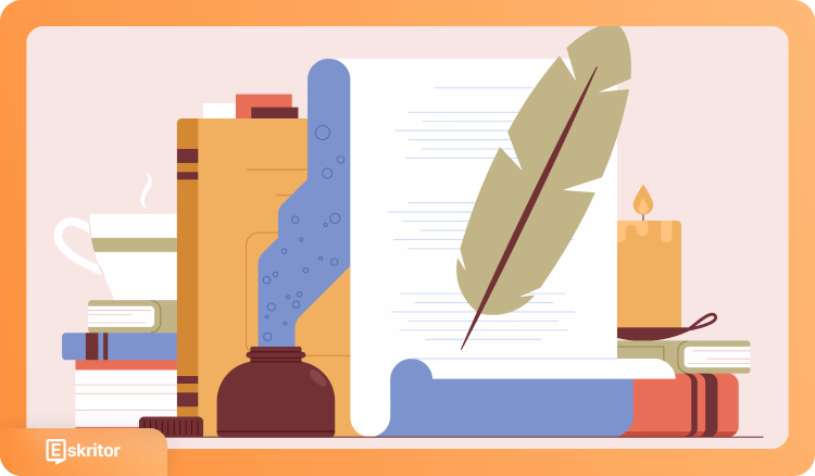 Platt designillustration av skrivverktyg inklusive böcker, fjäderpenna, ljus och pappersark