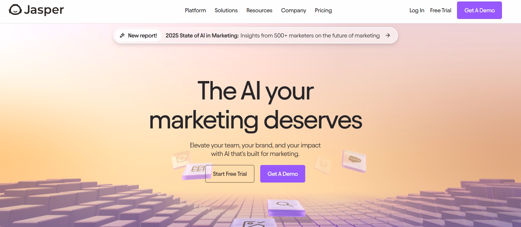Página inicial da plataforma de marketing Jasper IA com fundo gradiente e botões de chamada para ação
