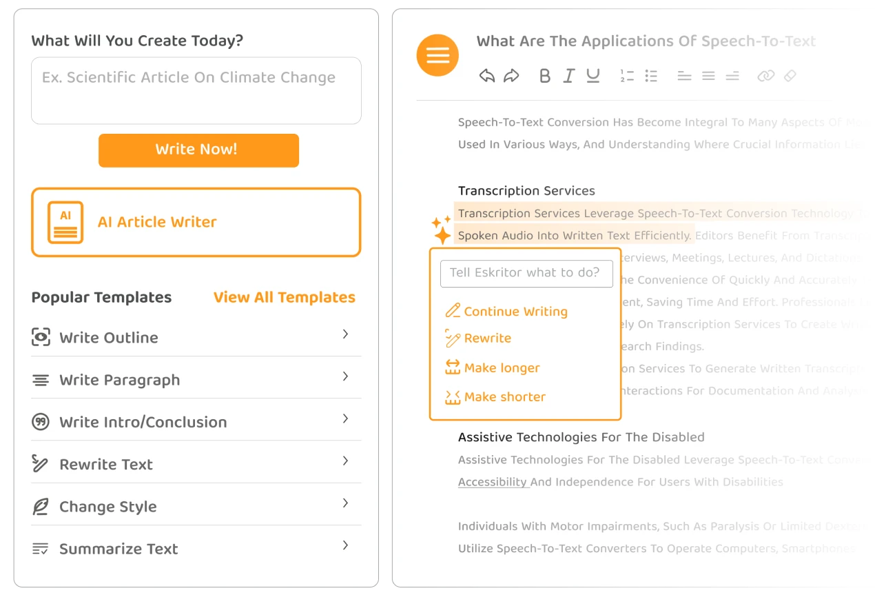 The dashboard of Eskritor, showcasing the features.