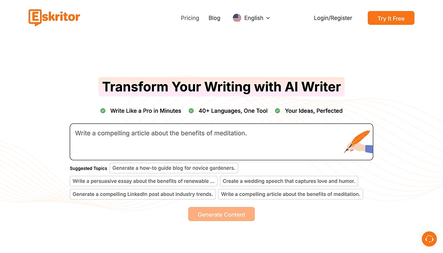 Een screenshot van de Eskritor-homepage die laat zien dat het je schrijven kan transformeren en je ideeën kan perfectioneren.