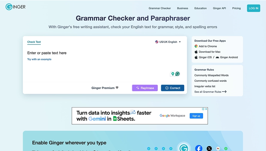 Een screenshot van de Ginger-homepage die laat zien dat het een grammaticacontrole en parafraser is die u helpt uw Engelse tekst te controleren op grammaticafouten. 