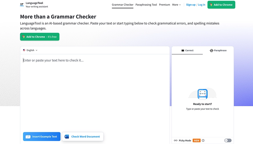 Een screenshot van de LanguageTool-homepage met de interface waar u de tekst kunt plakken om te bewerken. 