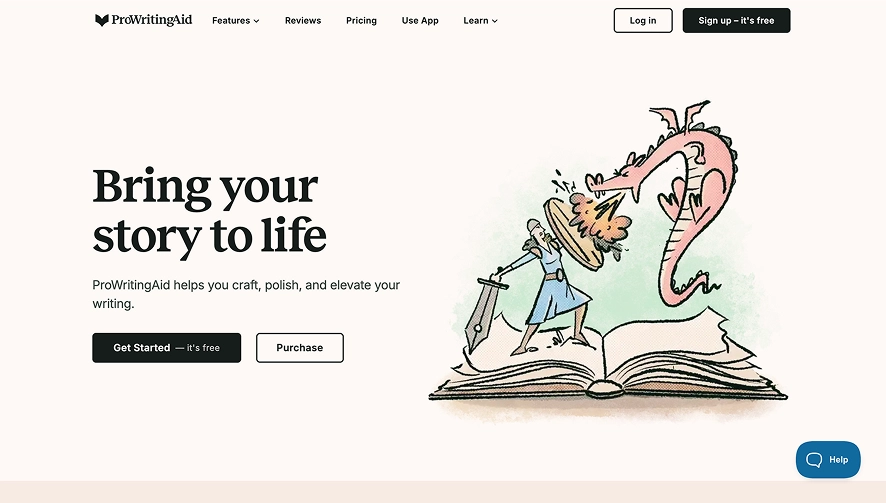 Een screenshot van de ProWritingAid-homepage die laat zien dat het je verhaal tot leven kan brengen.