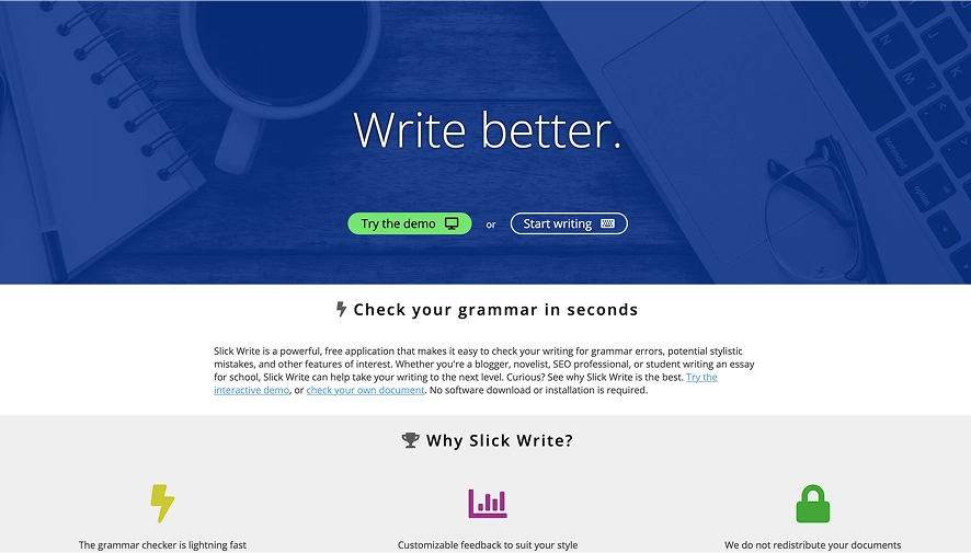 Een screenshot van de Slick Write-startpagina die laat zien dat het je helpt om binnen enkele seconden beter te schrijven en de grammatica te controleren.